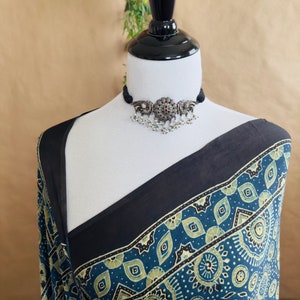 Ajrakh hand block printed modal silk saree | Blue & Green | Ships from California