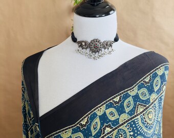 Ajrakh hand block printed modal silk saree | Blue & Green | Ships from California