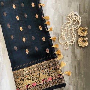 Chanderi Silk saree | Black | Handwoven, Silk Mark certified | Ships from California