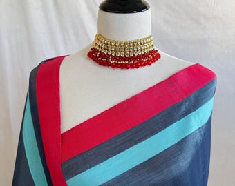 ShopNaya Exclusive | Handwoven | Cotton Saree | Jamdani Weave | No Blouse | Metallic Blue Gray | Handloom Mark | Ships from California