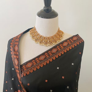 Assam Pat Mulberry Silk Saree | Black | Copper & Silver Zari | Handwoven | Silk Mark Certified | Ships from California