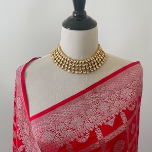 Mashru Silk Saree from Banaras | Red | Silver Zari | Handwoven | Ships from California