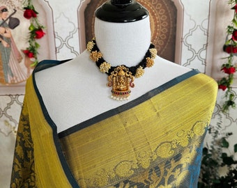 ShopNaya Exclusive | Brocade Kanchipuram Pure Silk Saree | Metallic Peacock Blue | Pure Gold Zari | Handwoven | Ships from California