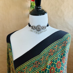 Ajrakh hand block printed modal silk saree | Dark Green | Ships from California