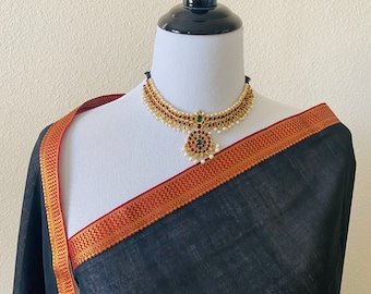 Mangalgiri Handwoven Cotton Saree | Black | Ships from California