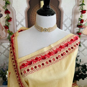Lightweight Parsi Bullion Embroidery Pure Tussar Silk Saree | Cream yellow | Gujarati Hand Embroidery | Ships from California