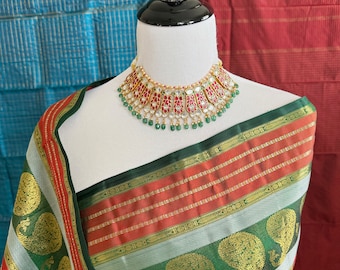 Exclusive Kanchivaram Pure Silk Pure Zari Silk Saree | Deep Green | Check Pattern | Handwoven | Ships from California