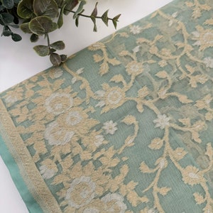 Organza silk saree x light gold zari - Grey x Green main image 0