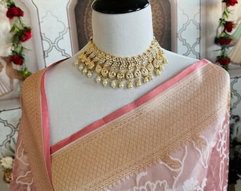 Kora Silk Sari from Banaras | Dull Pink | Gold Zari | Handwoven | Ships from California