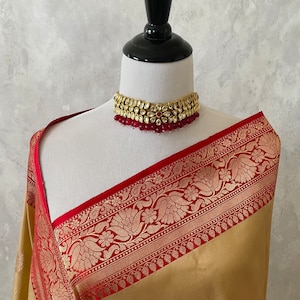 Banarasi Katan Silk Saree | Deep Beige and Red |  Handwoven | Silk Mark Certified | Ships from California