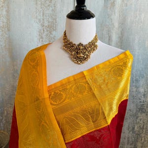 Exclusive Kanchivaram Brocade Korvai Pure Silk Pure Zari Silk Saree | Red & Yellow | Gold Zari | Handwoven | Ships from California