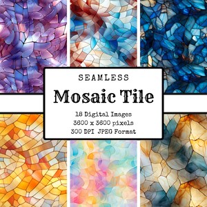 18 モザイク「ガラス」タイル デジタル ペーパー、デジタル ペーパーのシームレスなモザイク パターン、印刷可能なスクラップブック ペーパー、パーティーの背景
