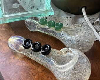 4” Large Glass Color Changing Silver Fumed Frit with Marble Accents Handblown Hand Pipe