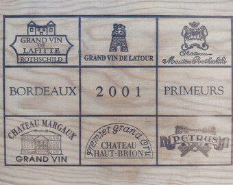 Coffret à vin en bois ~ En Primeur, Premier Grand Cru 2001 ~ Lafite, Latour, Mouton Rothschild, Margaux, Haut-Brion, Petrus ~ Rare Authentique Français