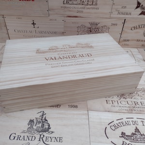 Wooden Wine Box / Crate with Lid ~ CHATEAU VALANDRAUD ~ St Emilion ~ 6 Bottle shallow size ~ Genuine, Storage, Vintage, Hamper.
