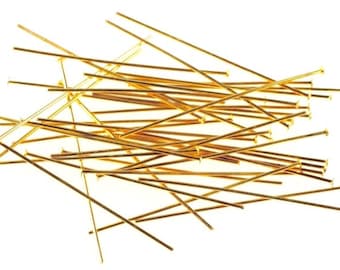 300 Head Pins, Gold Plated Brass, 1 3/4 Inches, 30 Gauge, 2mm Head