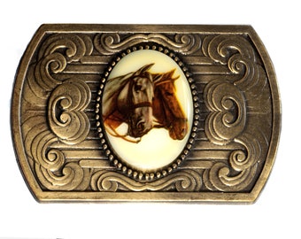 Western Vintage Belt Buckle Porcelain Horse Heads Goldtone  display picture 2