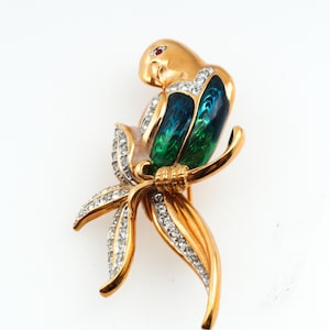 Vintage Parrot Brooch Green Enamel And Rhinestones one of a kind