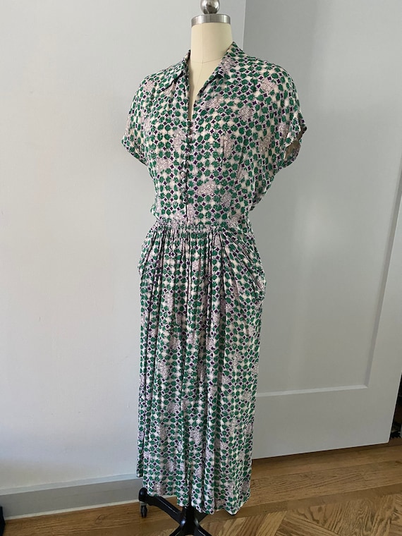 Incredible 40s Novelty Print Cold Rayon Dress w/ c