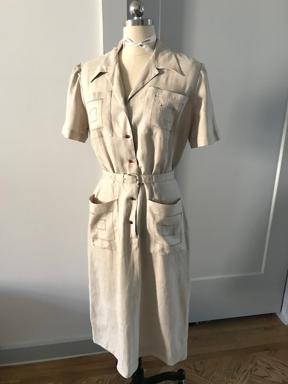 Cream Linen Vintage L'Aiglon dress 40s or 50s