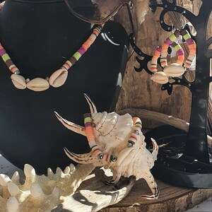 adornment necklace, bracelet, earrings made of heishi beads and shells
