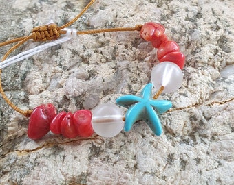 bracelet réglable étoile de mer en turquoise et perles corail