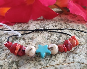 bracelet réglable étoile en turquoise naturelle, perles de corail