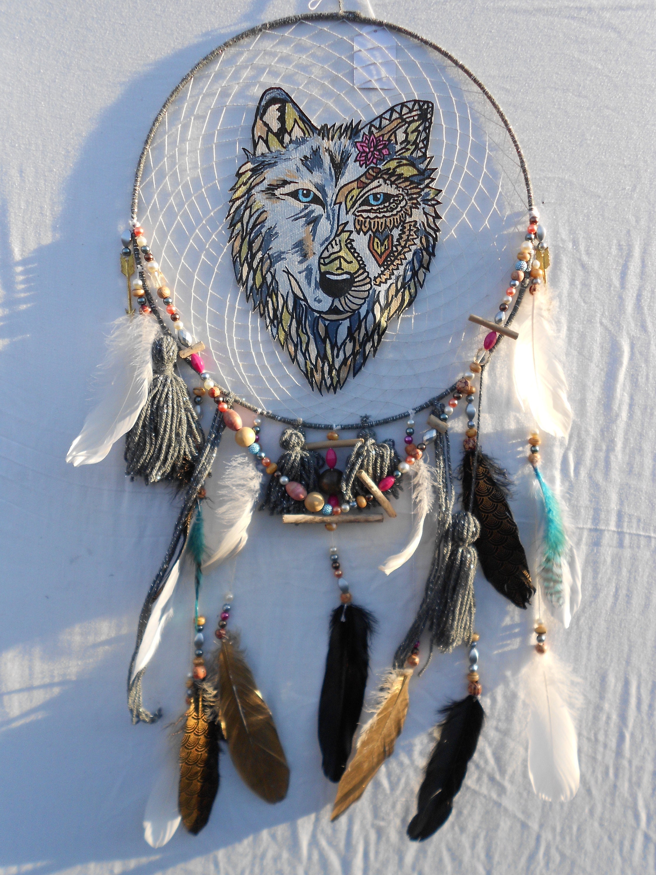 Attrape Rêve Tête de Loup Gris