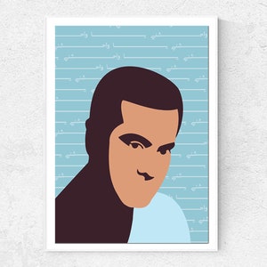 May include: A digital illustration of a man's face with a blue background. The background has white lines with Arabic text on them. The man has brown hair, brown eyes, and a brown mustache. He is wearing a white shirt and a dark brown turtleneck.