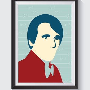 May include: A framed illustration of a person with blue hair and a red jacket. The background is light blue with white lines and Arabic text.
