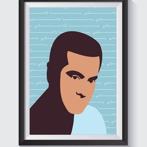 May include: A framed illustration of a man's face with a light blue background. The background has repeating lines of Arabic text.