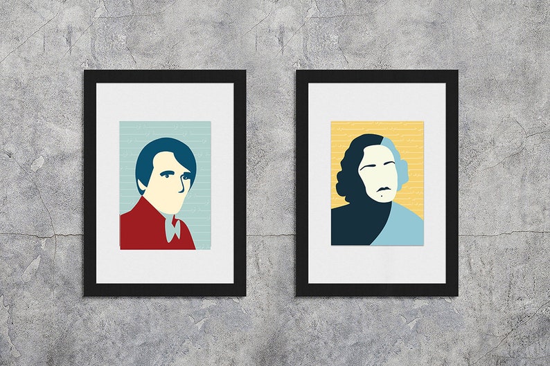 May include: Two framed portraits of people, one with a blue, red, and white color scheme and the other with a blue, yellow, and white color scheme.