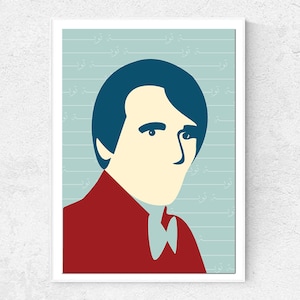 May include: A digital illustration of a man with blue hair, wearing a red jacket and a white collar. The background is light blue with repeating text in a foreign language.