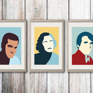 May include: Three framed portraits of people with a blue, yellow, and gray background. Each portrait is of a person with a different hairstyle and facial expression.
