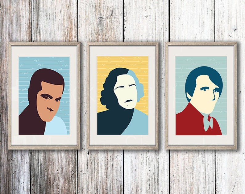 May include: Three framed portraits of people with a blue, yellow, and gray background. Each portrait is of a person with a different hairstyle and facial expression.