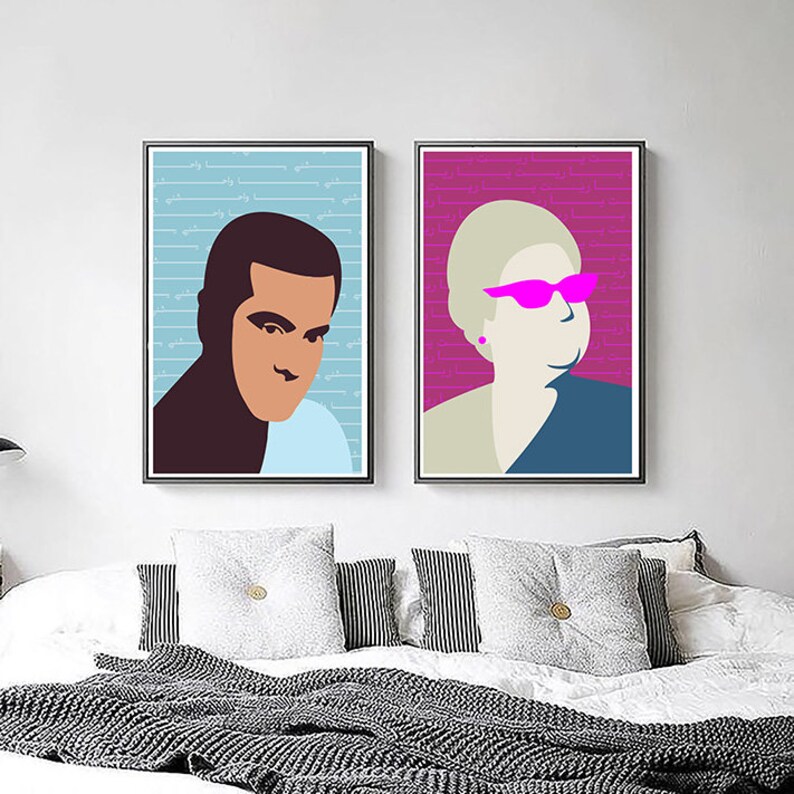 May include: Two framed illustrations of people's faces. The illustration on the left is of a person with brown skin and short black hair. The illustration on the right is of a person with light skin and short blonde hair wearing pink sunglasses. Both illustrations have a blue background with white text.