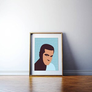 May include: A framed illustration of a man with brown hair and a blue background. The background has a pattern of white lines.
