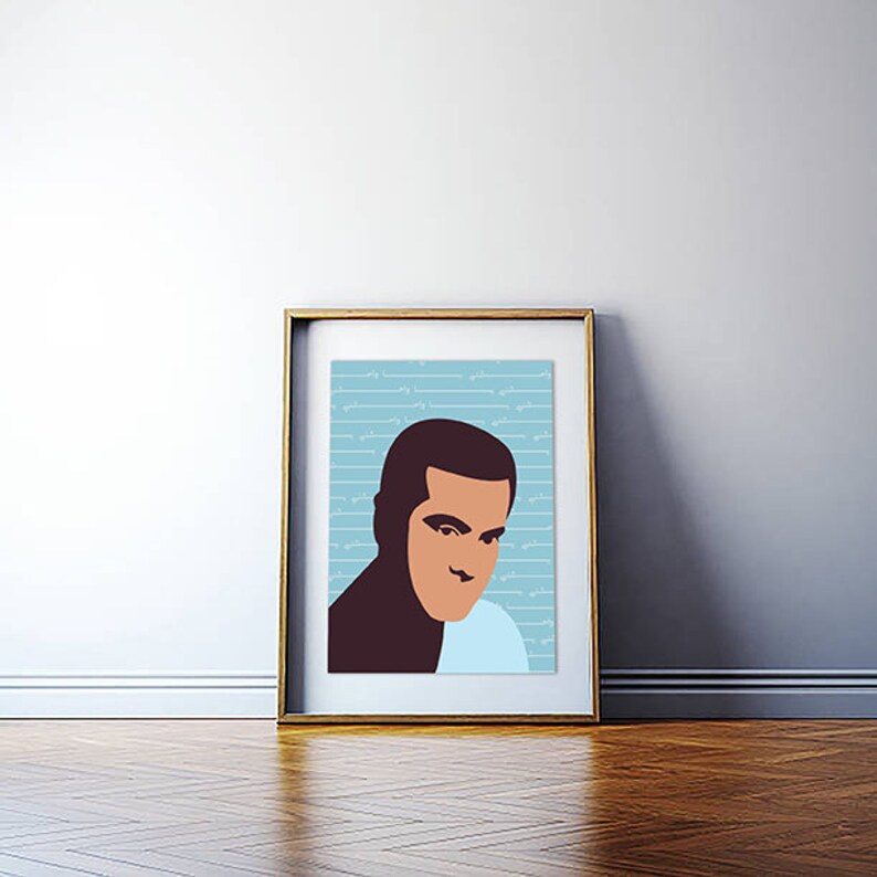 May include: A framed illustration of a man with brown hair and a blue background. The background has a pattern of white lines.