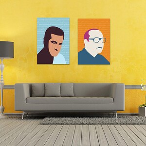 May include: Two framed portraits of men, one with a blue background and the other with an orange background, hanging on a yellow wall above a gray sofa.