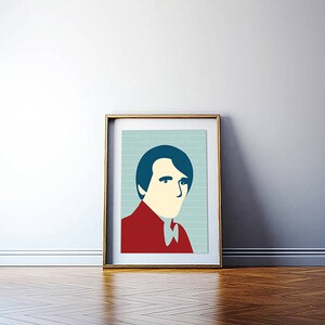 May include: A framed poster featuring a minimalist illustration of a person with blue hair and a red shirt against a light blue background with a pattern of musical notes.