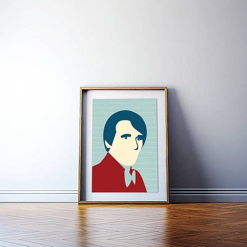 May include: A framed poster featuring a minimalist illustration of a person with blue hair and a red shirt against a light blue background with a pattern of musical notes.