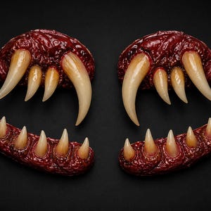 May include: Two sets of monster teeth props. The upper set features large, curved fangs and the lower set has smaller, pointed teeth. The teeth are a creamy colour, set in a dark red, textured base, against a black background.