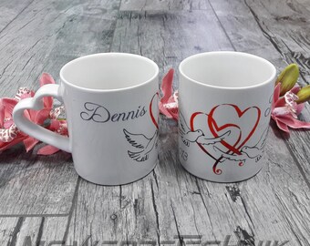 Mug set with motif + wedding pigeons-wedding date-Personalized Gift