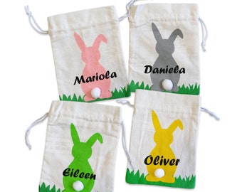 Sac cadeau personnalisé pour Pâques avec un lapin de Pâques de différentes couleurs et le nom de votre choix