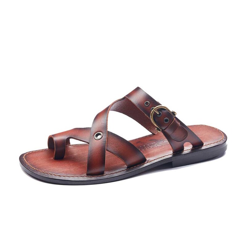 mens tan leather flip flops