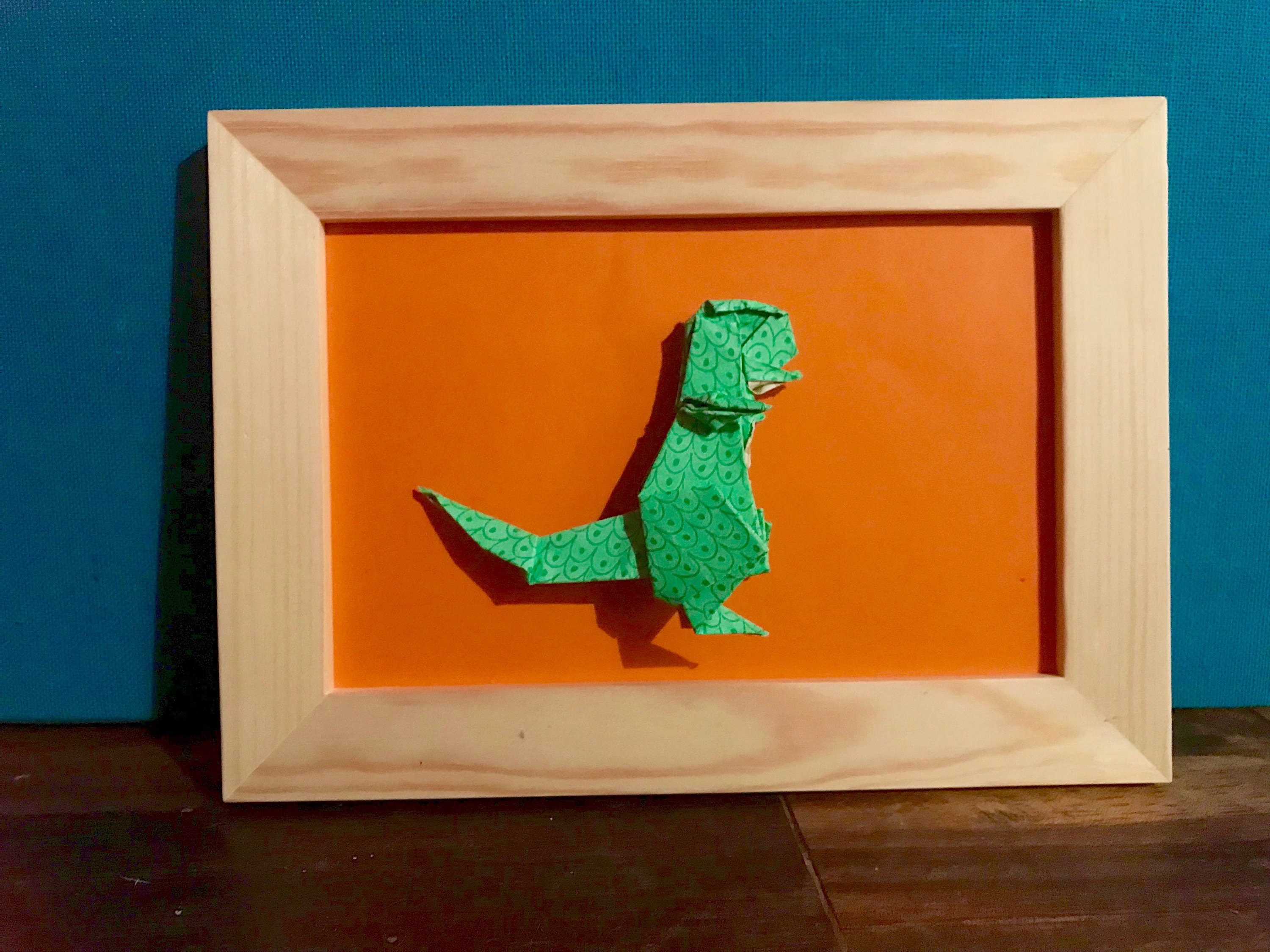 Cadre Origami Dinosaure, Art Mural, Décoration Enfant, T-Rex, Tyrannosaure, Orange