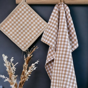 Set of 2 recycled cotton tea towels beige checked, recycling, cotton, kitchen textiles Sweden image 1