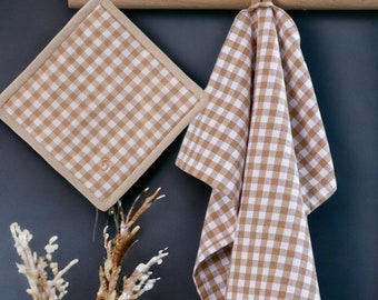 Set of 2 tea towels cotton beige checked, recycled, cotton, kitchen textiles Sweden