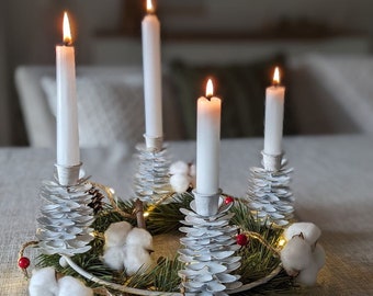 Kerzenhalter vierfach weiß Metall, Kerzenständer, Kerzenkranz, Shabby Weihnacht, Kerzenleuchter