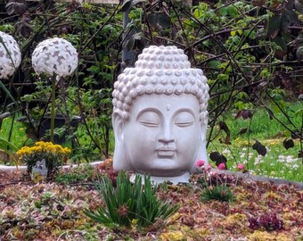 large fountain Zen Buddha head made of ceramic for indoor and outdoor use with LED lighting cream-grey Feng shui